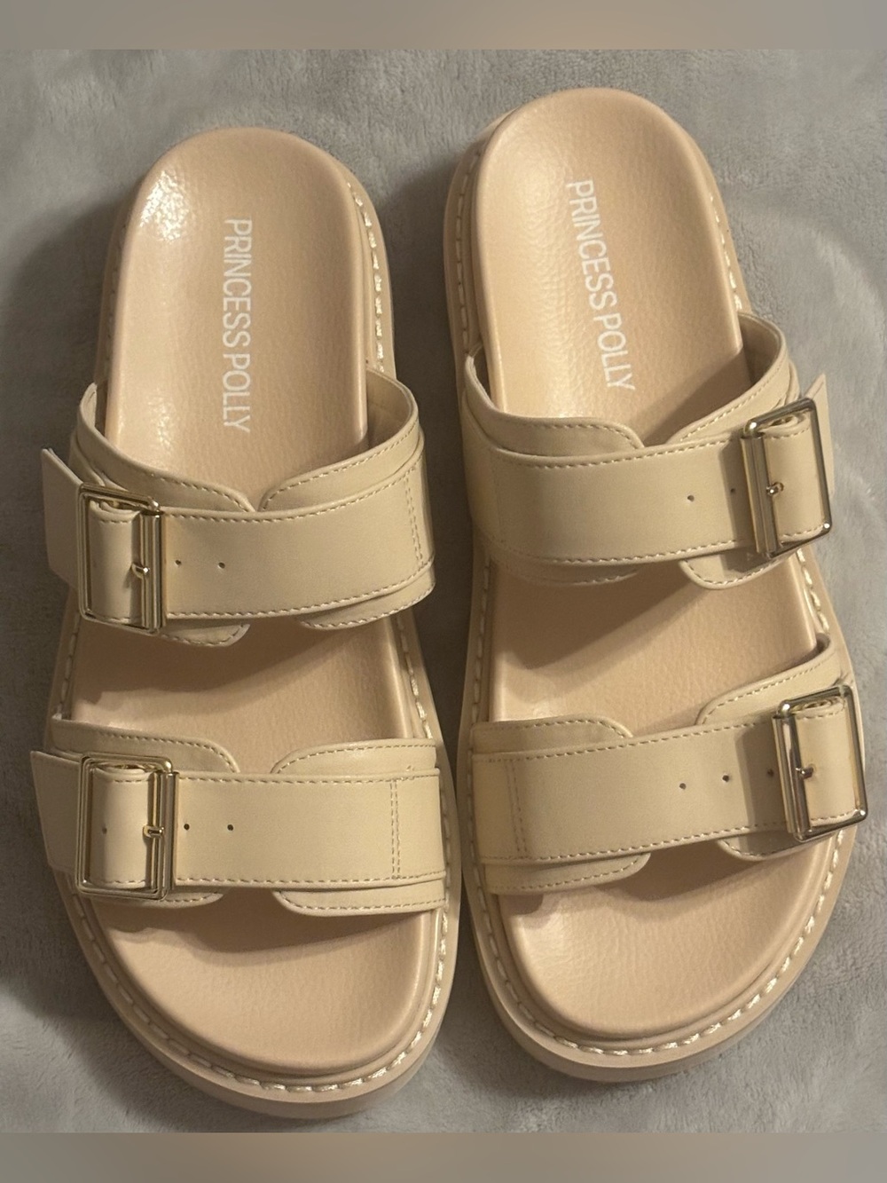 Princess Polly Cream Double Buckle Slide Sandals